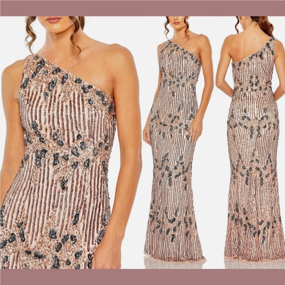 NWT $798‎ Mac Duggal [ 6 ] One Shoulder Embellished Gown in Apricot Pink